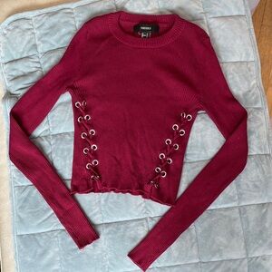 Forever 21 Wine Ribbed Sweater w/Lace Up/grommet detail *SMALL FLAW*